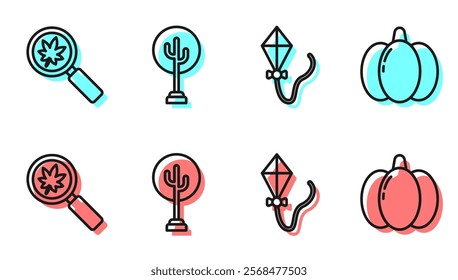 Set line Kite, Magnifying glass with leaf, Tree and Pumpkin icon. Vector