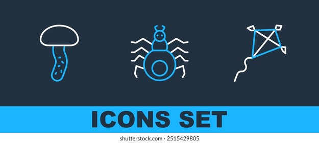 Set line Kite, Mushroom and Spider icon. Vector