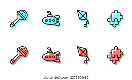 Set line Kite, Rattle baby toy, Submarine and Puzzle pieces icon. Vector