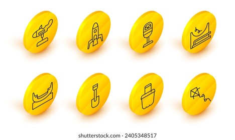 Set line Kite, Sand in bucket, Shovel toy, Boat swing, Skate park, Trash can, Rocket ship and Swing plane icon. Vector