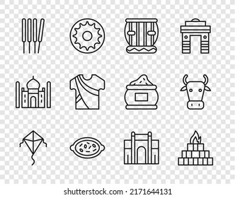 Set line Kite, Yagna, Instrument tabla, Kheer in bowl, Aroma sticks, incense, Indian man dress, Gate Delhi and Cow icon. Vector