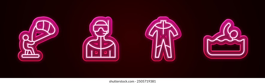 Set line Kitesurfing, Wetsuit for scuba diving,  and Swimmer. Glowing neon icon. Vector