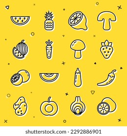 Set line Kiwi fruit, Hot chili pepper pod, Strawberry, Lemon, Carrot, Watermelon,  and Mushroom icon. Vector