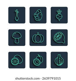 Set line Kiwi fruit, Plum, Onion, Beet, Pumpkin, Mushroom, Fresh green onions and Lemon icon. Vector
