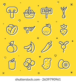 Set line Kiwi fruit, Radish, Turnip, Location farm, Peas, Cabbage, Mushroom and Orange icon. Vector