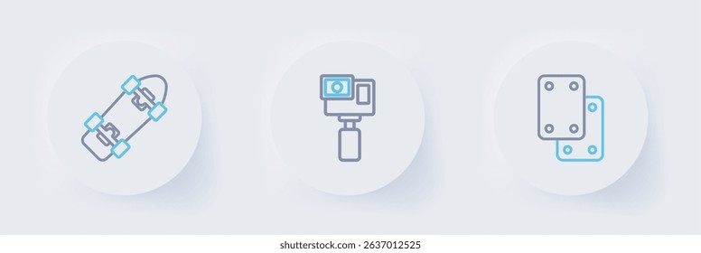 Set line Knee pads, Action camera and Skateboard icon. Vector