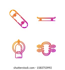 Set line Knee pads, Aqualung, Skateboard trick and Skateboard. Gradient color icons. Vector