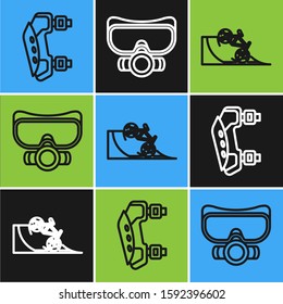 Set line Knee pads, Bicycle on street ramp and Diving mask icon. Vector