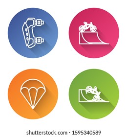 Set line Knee pads, Bicycle on street ramp, Parachute and Bicycle on street ramp. Color circle button. Vector