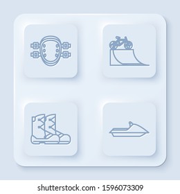 Set line Knee pads, Bicycle on street ramp, Boots and Jet ski. White square button. Vector