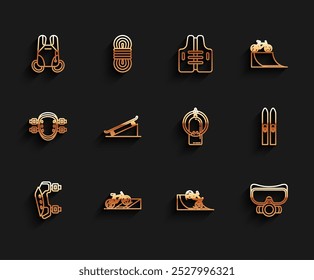 Set line Knee pads, Bicycle on street ramp, Parachute, Diving mask, Skateboard, Ski and sticks and Aqualung icon. Vector