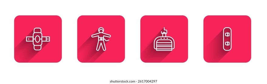 Set line Knee pads, Bungee jumping, Ski lift and Snowboard with long shadow. Red square button. Vector