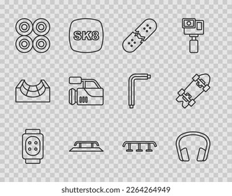 Set line Knee pads, Headphones, Broken skateboard deck, Skateboard stairs with rail, wheel, Cinema camera,  and Longboard or icon. Vector