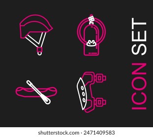 Set line Knee pads, Rafting boat, Aqualung and Bicycle helmet icon. Vector
