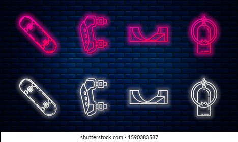 Set line Knee pads, Skate park, Skateboard trick and Aqualung. Glowing neon icon on brick wall. Vector