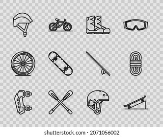 Set line Knee pads, Skateboard on street ramp, Boots, Crossed paddle, Bicycle helmet, trick, Helmet and Climber rope icon. Vector
