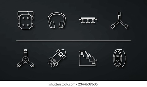 Set Line Knie Pads, Skateboard Y-Tool, Treppen mit Schiene, Langboard oder Skateboard, Kopfhörer, Balllager und Symbol. Vektorgrafik