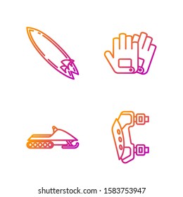 Set line Knee pads, Snowmobile, Surfboard and Gloves. Gradient color icons. Vector
