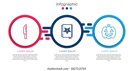 Set line Knife, Ancient magic book and Pumpkin. Business infographic template. Vector