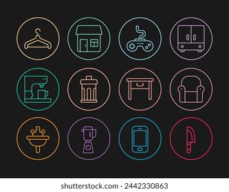Set line Knife, Armchair, Gamepad, Trash can, Coffee machine, Hanger wardrobe, Furniture nightstand and House icon. Vector