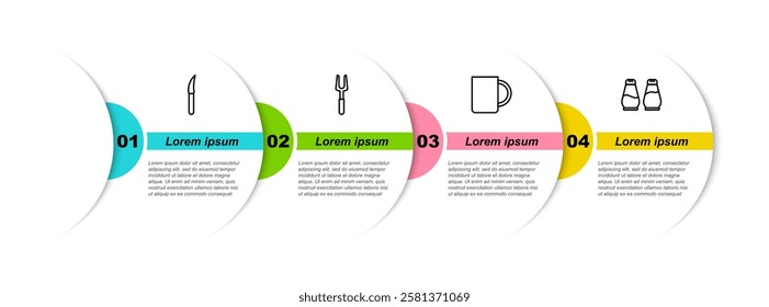 Set line Knife, Barbecue fork, Coffee cup and Salt and pepper. Business infographic template. Vector