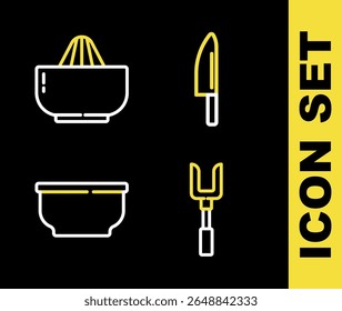 Set line Knife, Barbecue fork, Bowl and Citrus fruit juicer icon. Vector