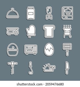 Set line Knife, Barbecue steel grid, grill, Blender, Oven glove, Electronic scales, Covered with tray of food and Bread toast icon. Vector