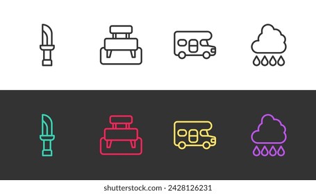 Set line Knife, Bench, RV motorhome vehicle and Cloud with rain on black and white. Vector