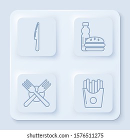 Set line Knife, Bottle of water and burger, Crossed fork and Potatoes french fries in carton package box. White square button. Vector