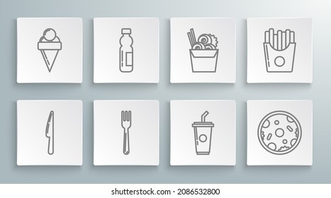 Set line Knife, Bottle of water, Fork, Paper glass with drinking straw and, Pizza, Asian noodles paper box chopsticks, Potatoes french fries carton package and Ice cream waffle cone icon. Vector
