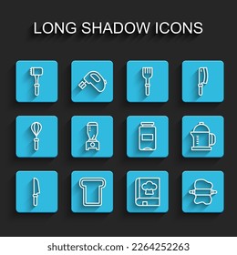 Set line Knife, Bread toast, Kitchen hammer, Cookbook, Rolling pin on dough, Blender, French press and Jam jar icon. Vector