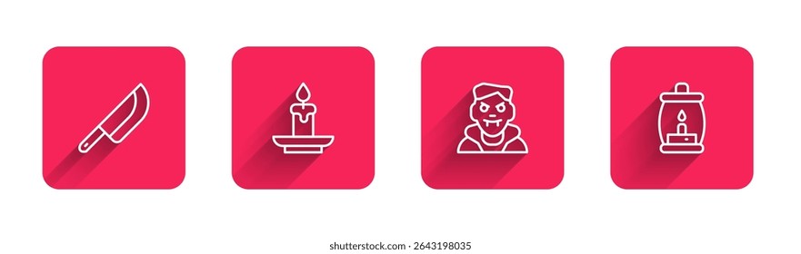 Set line Knife, Burning candle, Vampire and Camping lantern with long shadow. Red square button. Vector