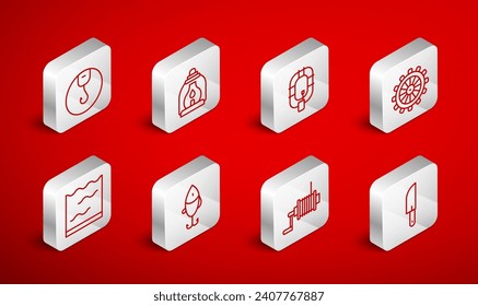 Set line Knife, Camping lantern, Inflatable boat, Ship steering wheel, Spinning reel for fishing, Fishing hook, lure and Aquarium icon. Vector