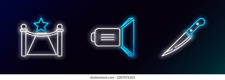 Set line Knife, Carpet with barriers and star and Movie spotlight icon. Glowing neon. Vector