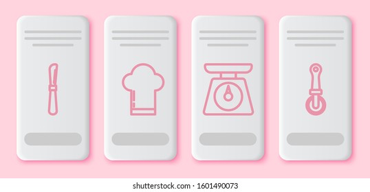 Set line Knife , Chef hat , Scales  and Pizza knife . White rectangle button. Vector