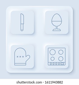 Set line Knife, Chicken egg on a stand, Oven glove and Gas stove. White square button. Vector