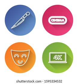 Set line Knife , Cinema poster design template , Comedy theatrical mask  and Laptop screen with 4k video technology . Color circle button. Vector
