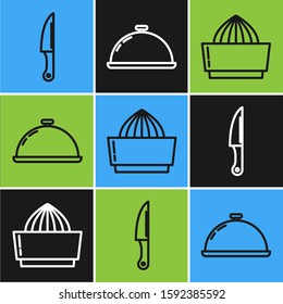 Set line Knife , Citrus fruit juicer  and Covered with a tray of food  icon. Vector