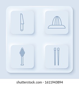 Set line Knife, Citrus fruit juicer, Honey dipper stick and Food chopsticks. White square button. Vector