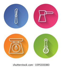 Set line Knife , Coffee turk , Scales  and Pizza knife . Color circle button. Vector
