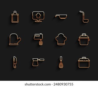 Set line Knife, Coffee turk, Cutting board, Kitchen whisk, Cooking pot, Electric mixer,  and Chef hat icon. Vector