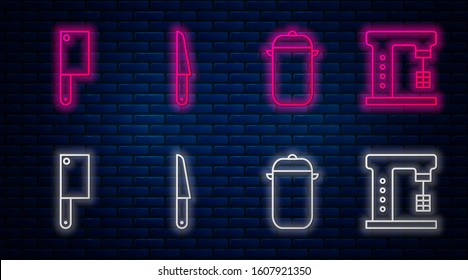 Set line Knife, Cooking pot, Meat chopper and Electric mixer. Glowing neon icon on brick wall. Vector