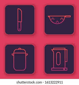 Set line Knife, Cooking pot, Kitchen colander and Kettle with handle. Blue square button. Vector