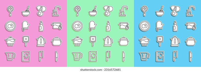 Set line Knife, Cooking pot, Broken egg, Oven glove, Scrambled eggs, Frying pan and Bottle of olive oil icon. Vector