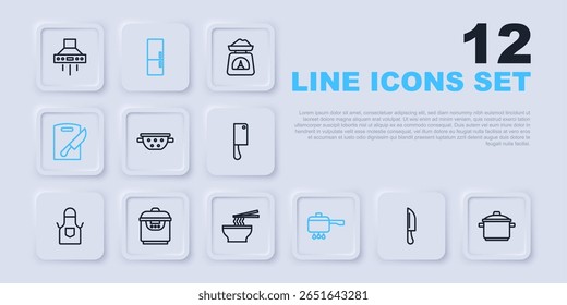 Set line Knife, Cooking pot, Kitchen colander, on fire, Cutting board knife, Slow cooker, Refrigerator and Asian noodles bowl icon. Vector