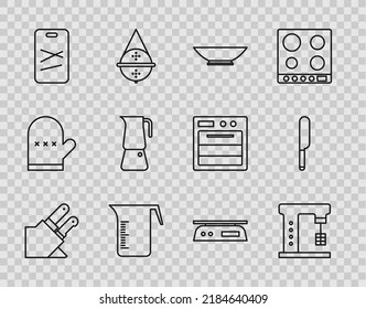 Set line Knife, Electric mixer, Bowl, Measuring cup, Cutting board, Moka pot, Electronic scales and  icon. Vector