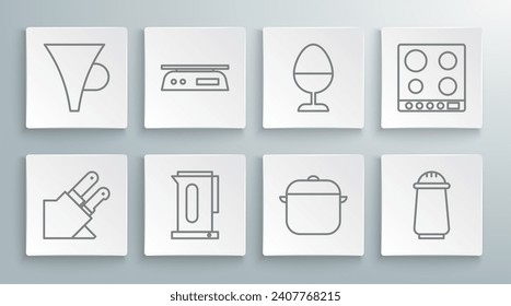 Set line Knife, Electronic scales, Kettle with handle, Cooking pot, Salt pepper, Chicken egg stand, Gas stove and Funnel or filter icon. Vector