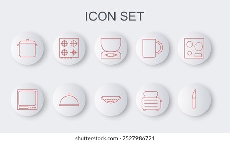 Set line Knife, Electronic scales, Toaster with toasts, Cooking pot, Gas stove, Covered tray and Kitchen colander icon. Vector