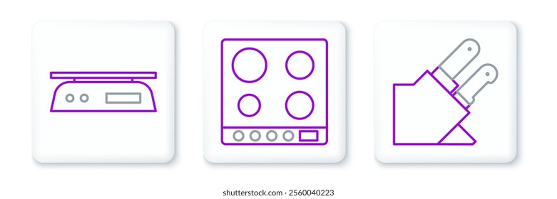 Set line Knife, Electronic scales and Gas stove icon. Vector