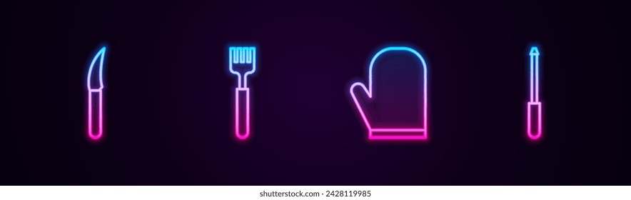 Set line Knife, Fork, Oven glove and sharpener. Glowing neon icon. Vector